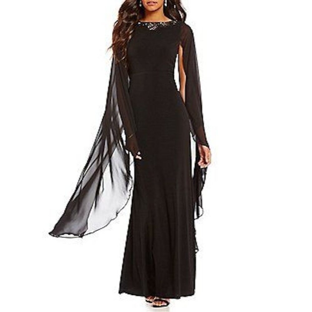 Sangria Missy Beaded Neckline Cape Sleeve Gown